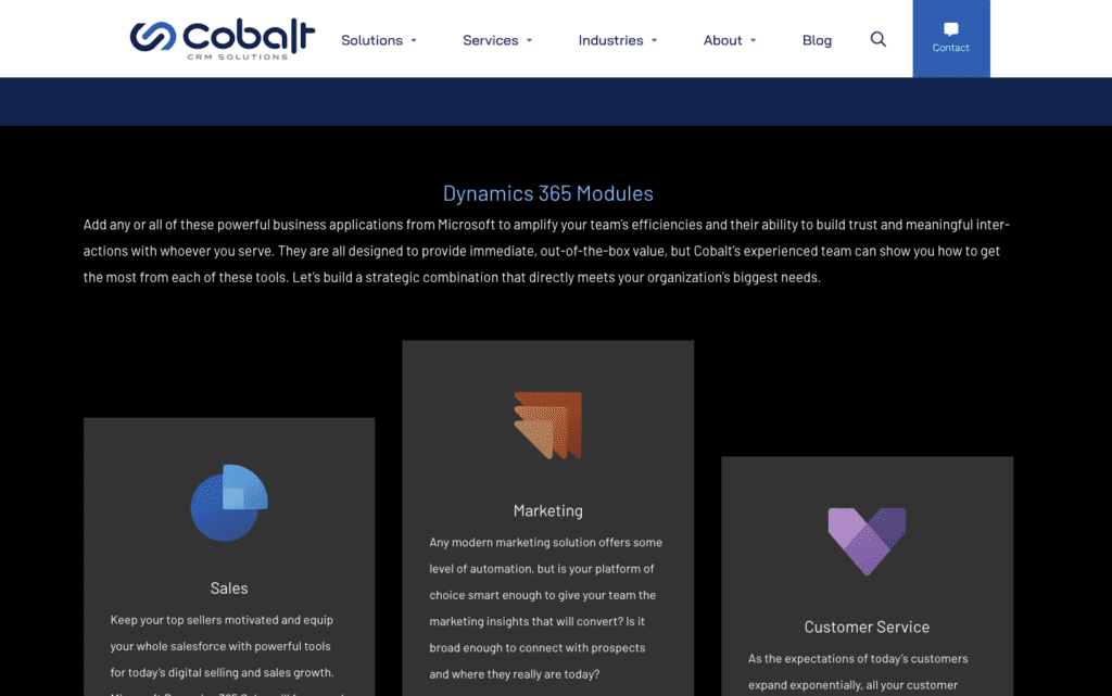 A screenshot from Cobalt’s website with information about the CRM they sell. The image includes icons and short descriptions of different applications included in the software.