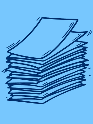 The image is a dark blue cartoon depiction of a stall stack of papers to represent an overwhelming checklist of association staff requests for their new AMS implementation.