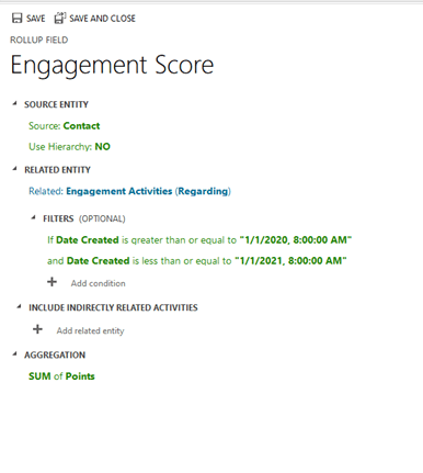 using rollup fields to create Engagement score in d365. 