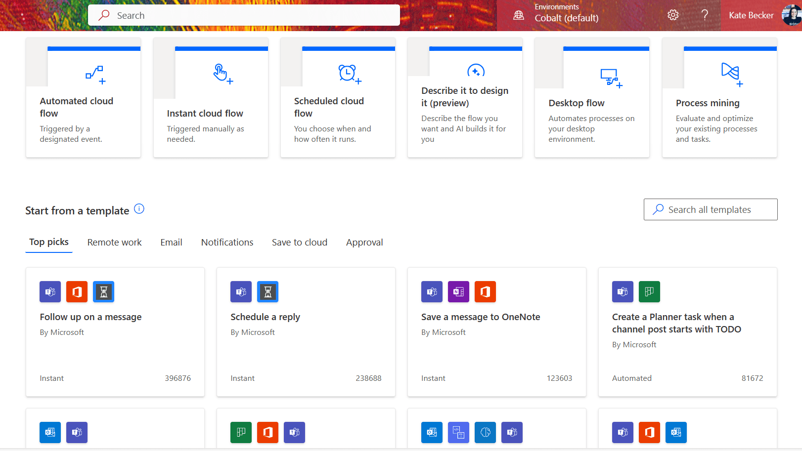 A screenshot of the Microsoft Power Automate interface that Cobalt leverages to build association networking tools. The image depicts the "describe it to design it" feature where users enter text to AI and the system creates a flow template, as well as the different flow templates that can be used to connect and integrate to 3rd party platforms. These include Teams, OneNote, SharePoint, Outlook, Excel, and Office 365.