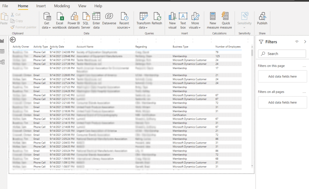 Shows table within Power BI