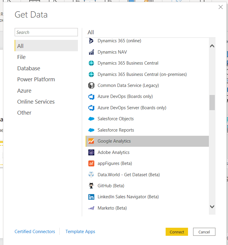 Click Google Analytics connector in Power BI