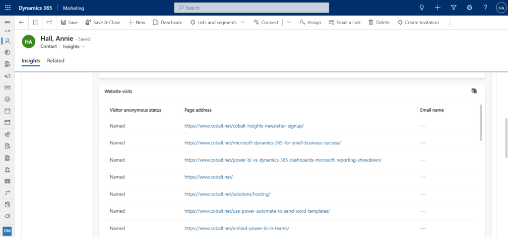 Insights for contact Dynamics 365 Marketing