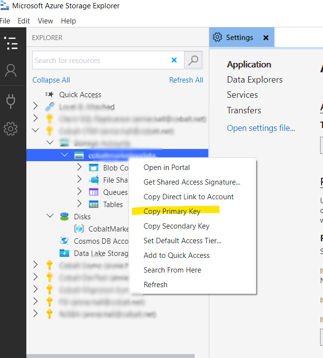 Getting Primary Key from Azure Storage Explorer