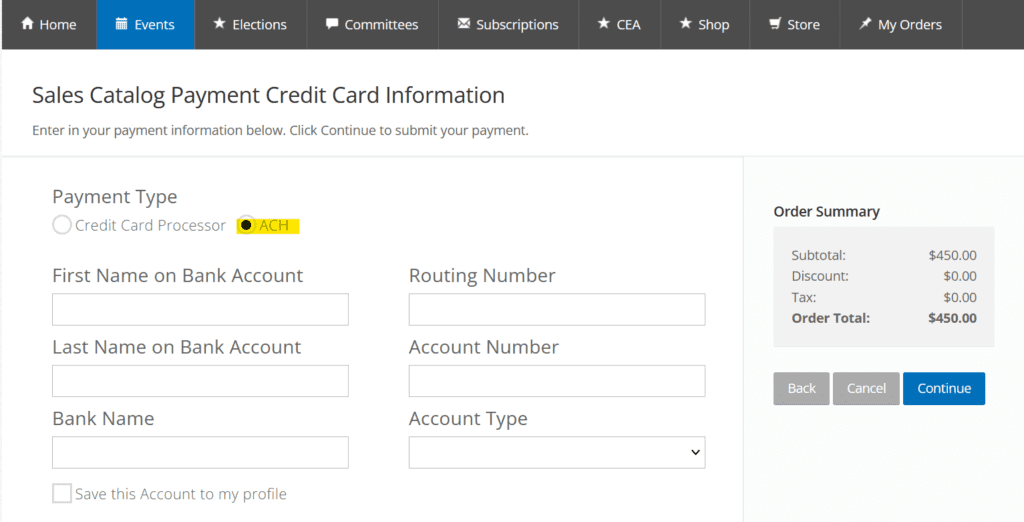 ACH Payment type option on portal checkout page with payment detail fields