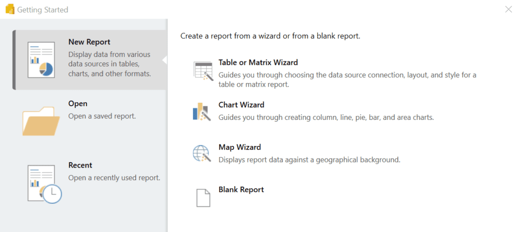Power BI Report builder get started page with four options to choose to create paginated report power bi