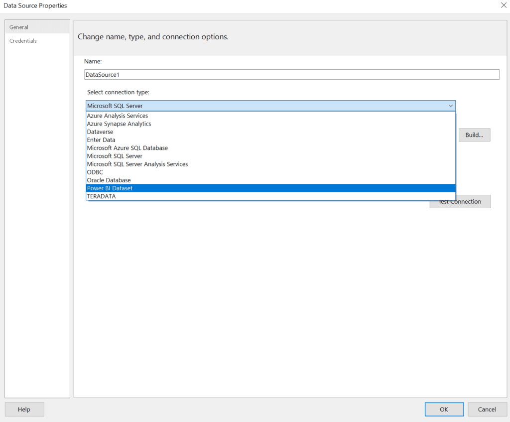 Report builder data source connection page with several connection types to  use with paginated report Power BI