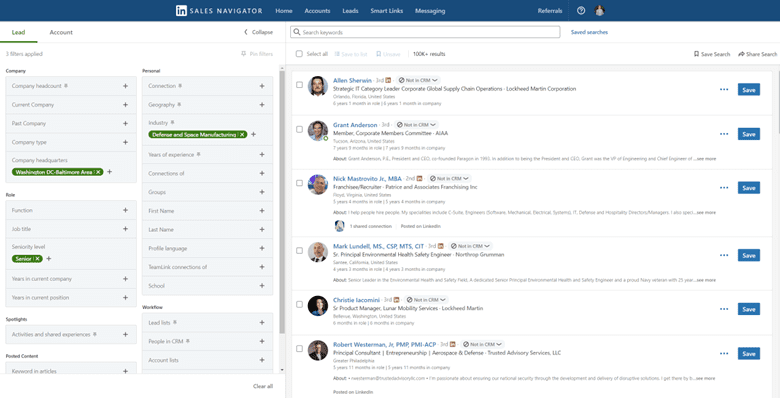 LinkedIn Sales Navigator interface and search criteria options.