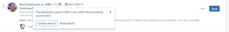 Pop-up window for exporting a lead that creates a LinkedIn Sales Navigator CRM integration.
