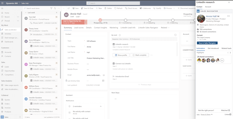 LinkedIn Sales Navigator research pane interface embedded inside the Dynamics 365 Sales business development rep interface.