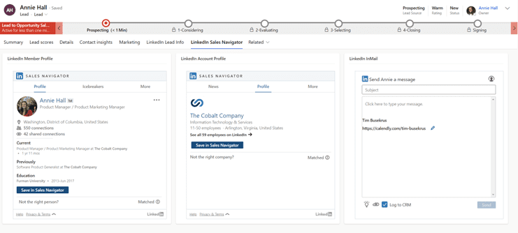 A detailed view of a lead record inside D365 Sales after the LinkedIn Sales Navigator Dynamics 365 Sales integration.