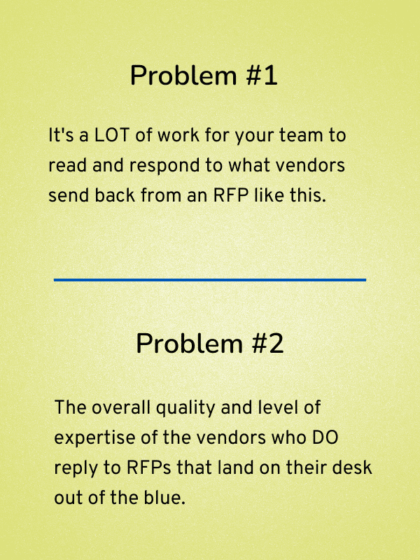 Image with yellowish background and text that reads Big Problem #1 It’s a LOT of work for your team to read and respond to what vendors send back from an RFP like this.
