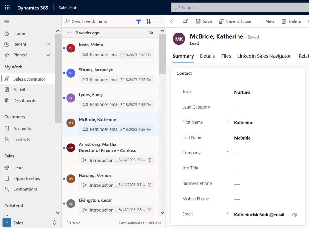 A screenshot of the sales hub in Dynamics 365 Sales that teams use for crm marketing automation and sales software support. The image contains the sales accelerator window where your sequence activities appear. You can view all the primary lead record information here.