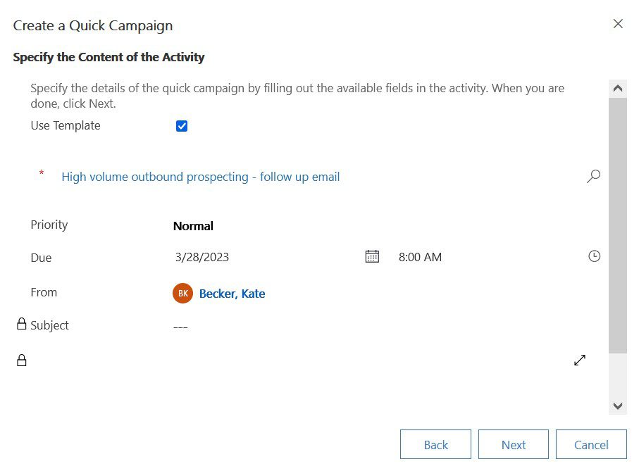 A screenshot of the sales hub in Dynamics 365 Sales that teams use for crm marketing automation and sales software support. The image contains the create a quick campaign wizard where you can select the template and schedule your activity.
