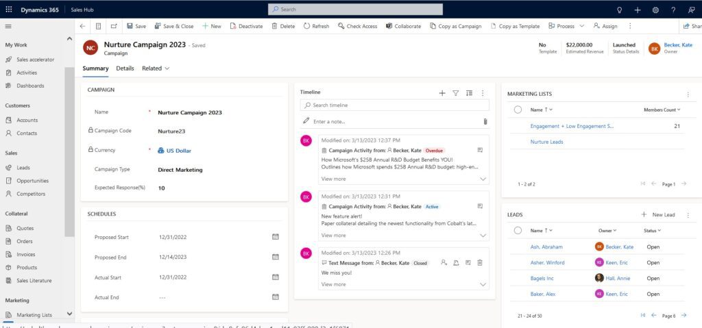A screenshot of the sales hub in Dynamics 365 Sales that teams use for crm marketing automation and sales software support. The image contains the primary fields for a campaign record. You can view related marketing lists, campaign activities, and leads.
