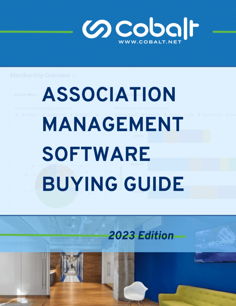 Association Management Software 2023 Buying Guide cover image. It includes a large version of Cobalt's logo, the AMS Buying Guide title, and photograph of Cobalt's Washington, D.C. lobby.