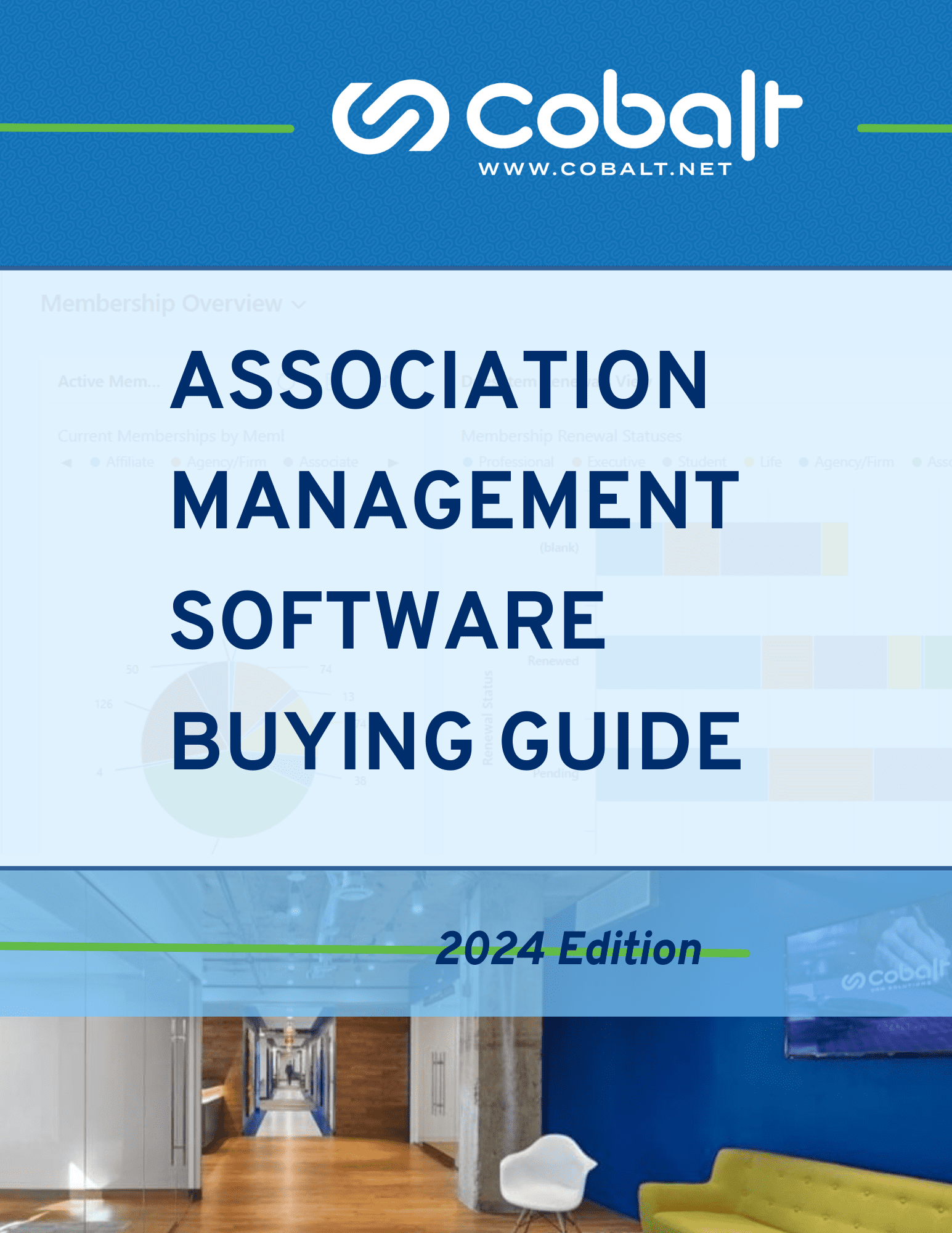 Association Management Software 2023 Buying Guide cover image. It includes a large version of Cobalt's logo, the AMS Buying Guide title, and photograph of Cobalt's Washington, D.C. lobby. 
