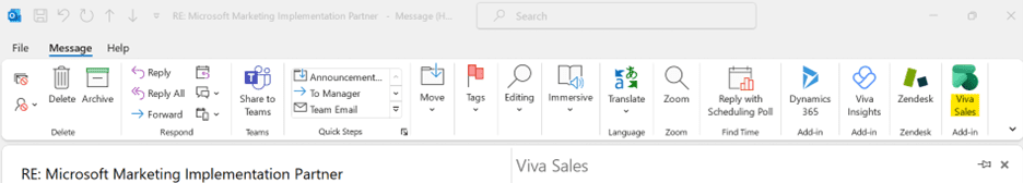 Screenshot of the toolbar for Microsoft Copilot AI in Outlook with Viva Sales add-in.