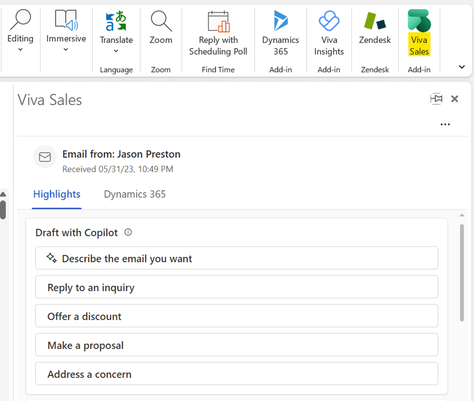 Microsoft Copilot AI Viva Sales add-in for Outlook. Draft email with AI.