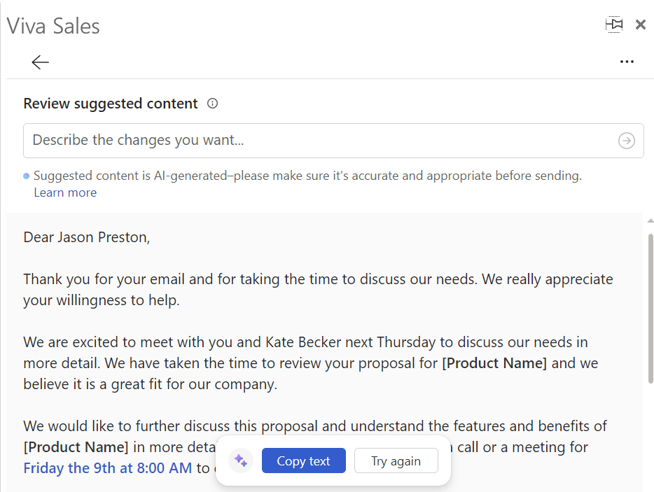 An email drafted by Microsoft Copilot with the field users can type into to suggest changes they want to see in the content.