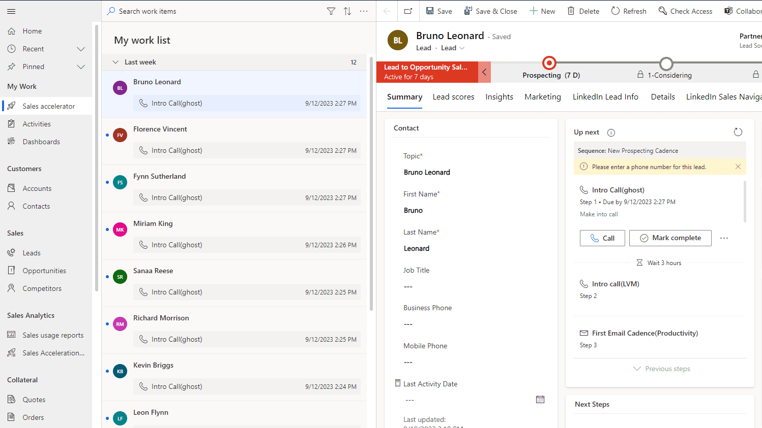 This image shows the Sales Accelerator work list in Microsoft Dynamics Sales Hub.