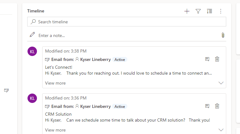 This image shows emails tracked on a Contact record timeline in Microsoft Dynamics Sales Hub.