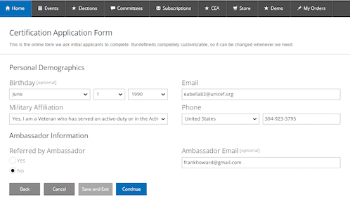 The image is a screenshot of the application interface that new certificants see inside Cobalt's certification management software. I includes various fields related to personal demographics, referrals, and a top menu with buttons for events, committees, subscriptions, and more.