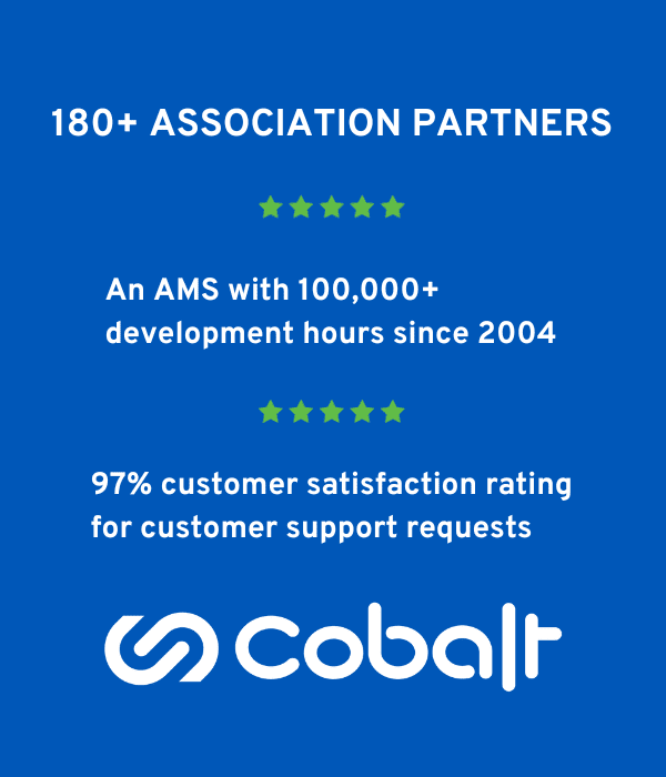 A graphic with two statistics about Cobalt's association software and support: "An AMS with 100,000+ development hours since 2004" and "97% customer satisfaction rating for customer support requests"