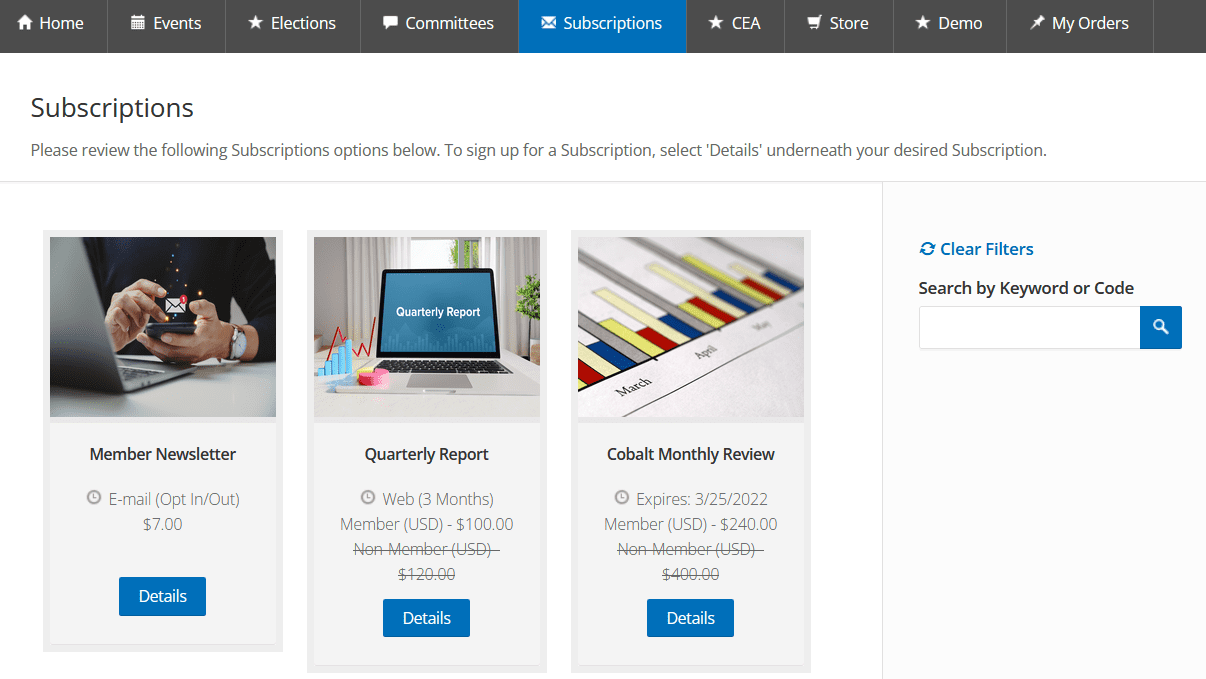 A screenshot from the subscriptions module in Cobalt's association management software. The image shows the interface where members can view their active subscriptions for a member newsletter, a quarterly report, and a monthly review.