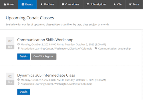 The image contains a cropped screenshot of the certificant education interface inside Engagement Dynamics, the certification software Cobalt offers. The image has two listings for sample education opportunities, a communication skills workshop and a dynamics 365 intermediate class with basic information about the courses (dates, brief descriptions, and buttons to get more details or register for one of the events). 