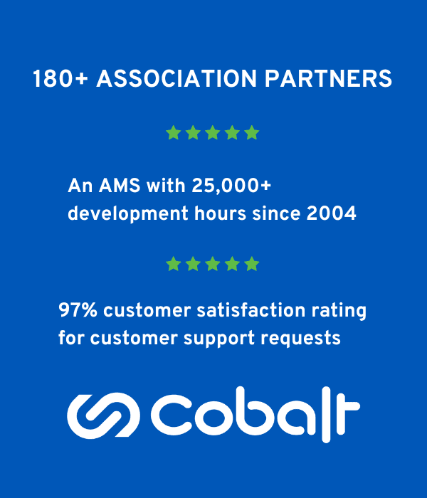 A graphic with two statistics about Cobalt's association software and support: "An AMS with 25,000+ development hours since 2004" and "97% customer satisfaction rating for customer support requests"