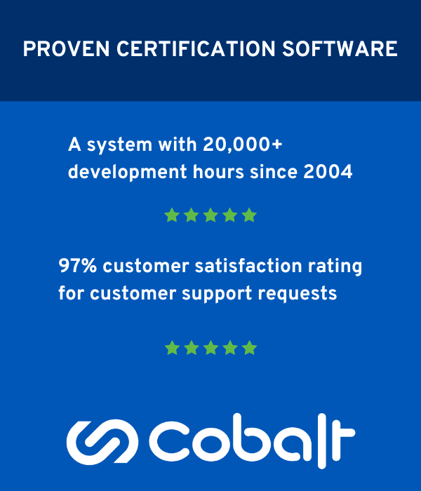 This graphic contains statistics about Cobalt's certification management software system: "A system with 20,000+ development hours since 2004" and 97% customer satisfaction rating for customer support requests